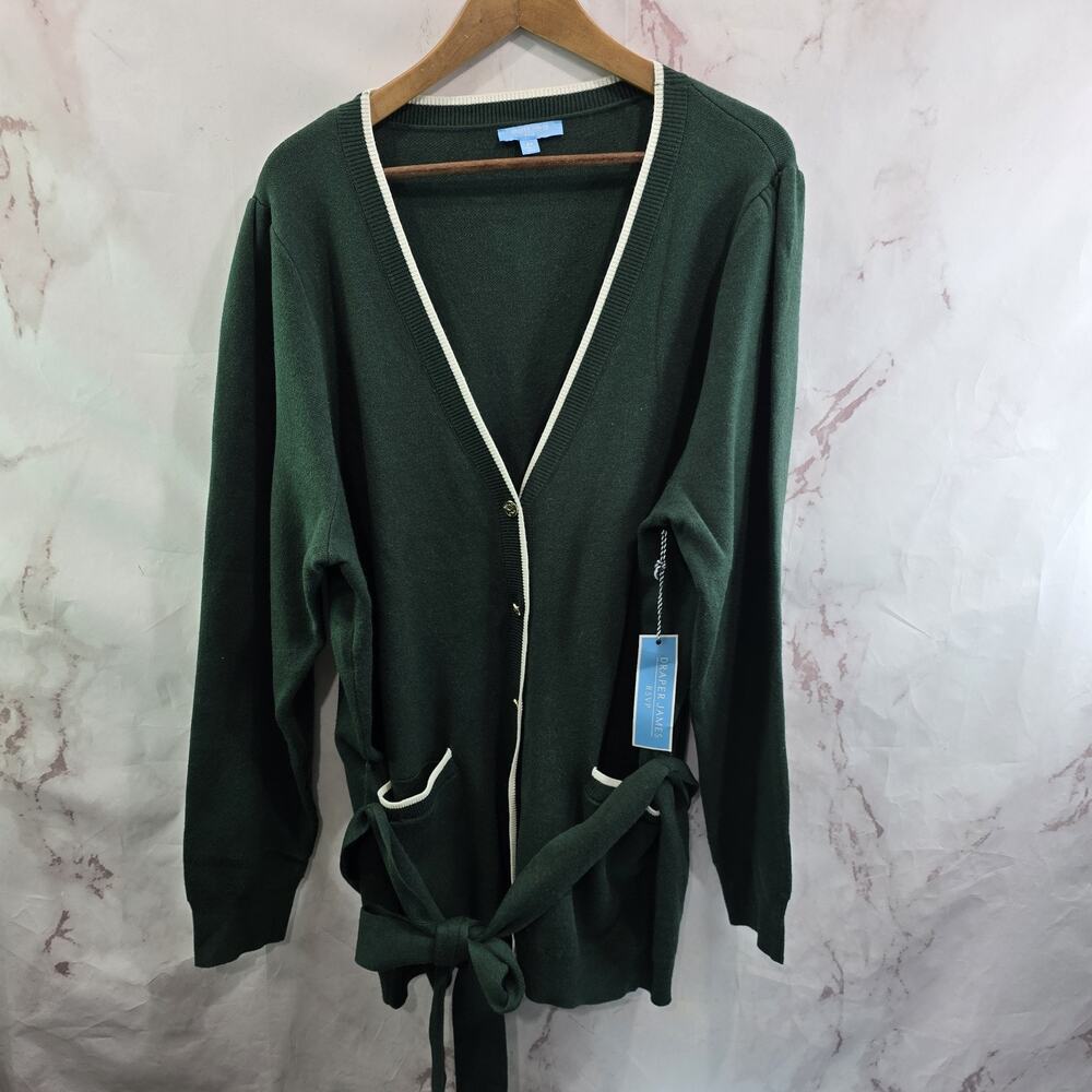 Draper James Sweater Womens 2X Dark Green Cardigan Tie Bow White Trim